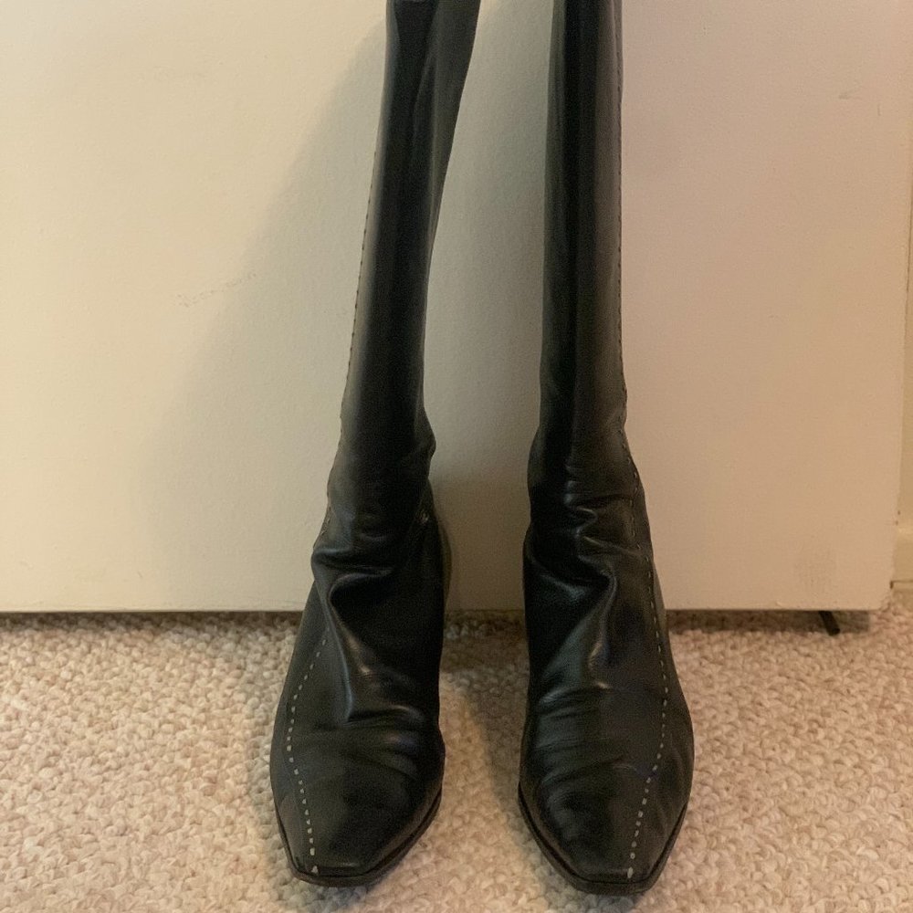 Black High Heeled Prada Books with White Stitching Size 10.5